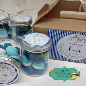 pack cajita con asa y bote de gomis personalizado para comunion