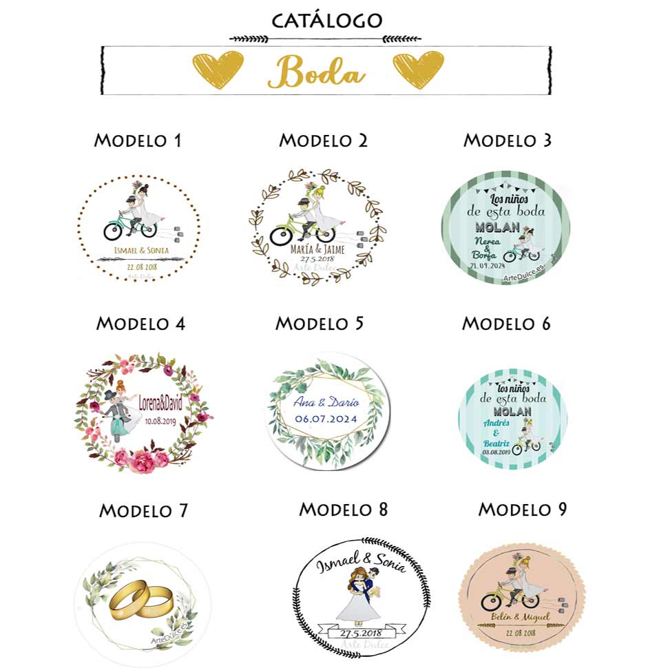 catálogo de etiquetas de boda modelos 1 al 9 para detalles personalizados