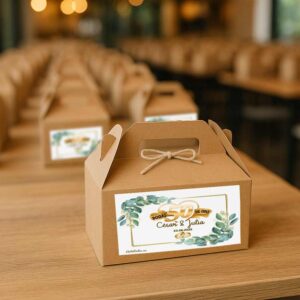 maleta kraft de bodas de oro con etiqueta personalizada para invitados