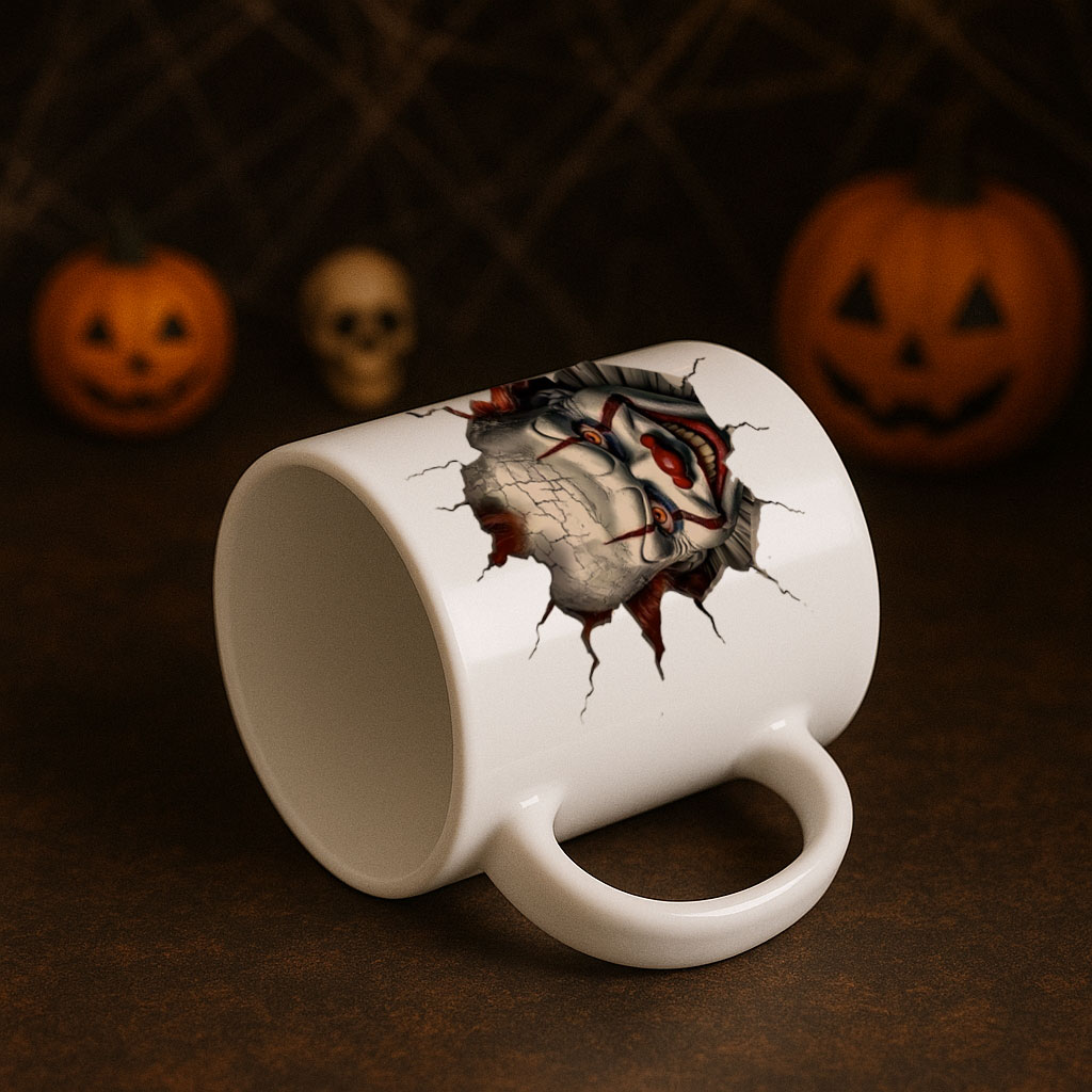 Detalle lateral de taza Pennywise con fondo de calabazas y luces.