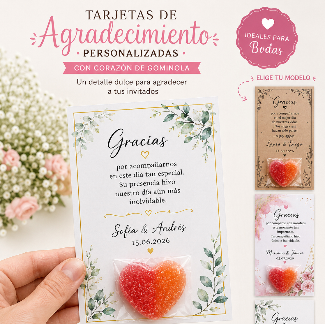Tarjeta de agradecimiento personalizada para boda con corazón de gominola.
