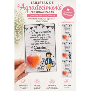 Tarjeta de agradecimiento personalizada con corazón de gominola para invitados de Primera Comunión.