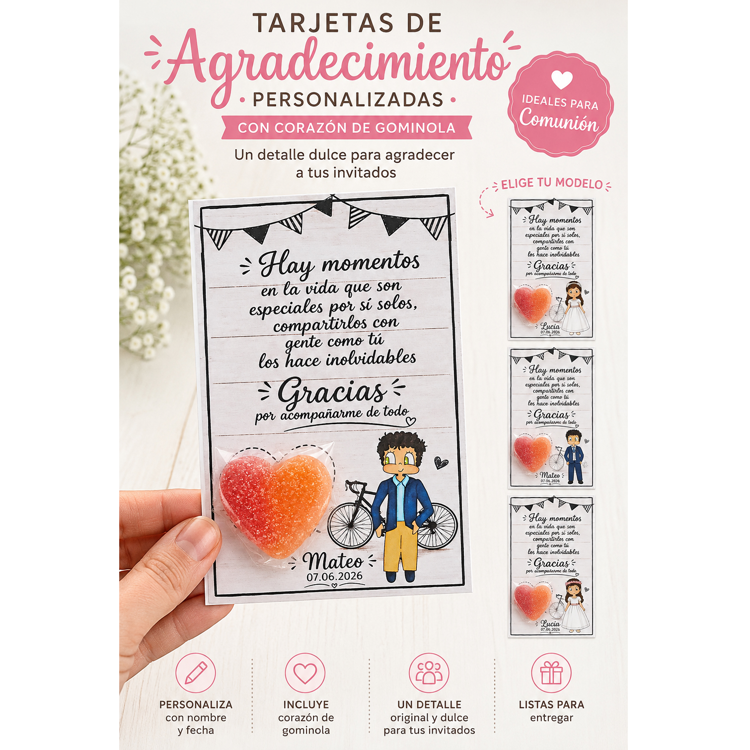 Tarjeta de agradecimiento personalizada con corazón de gominola para invitados de Primera Comunión.