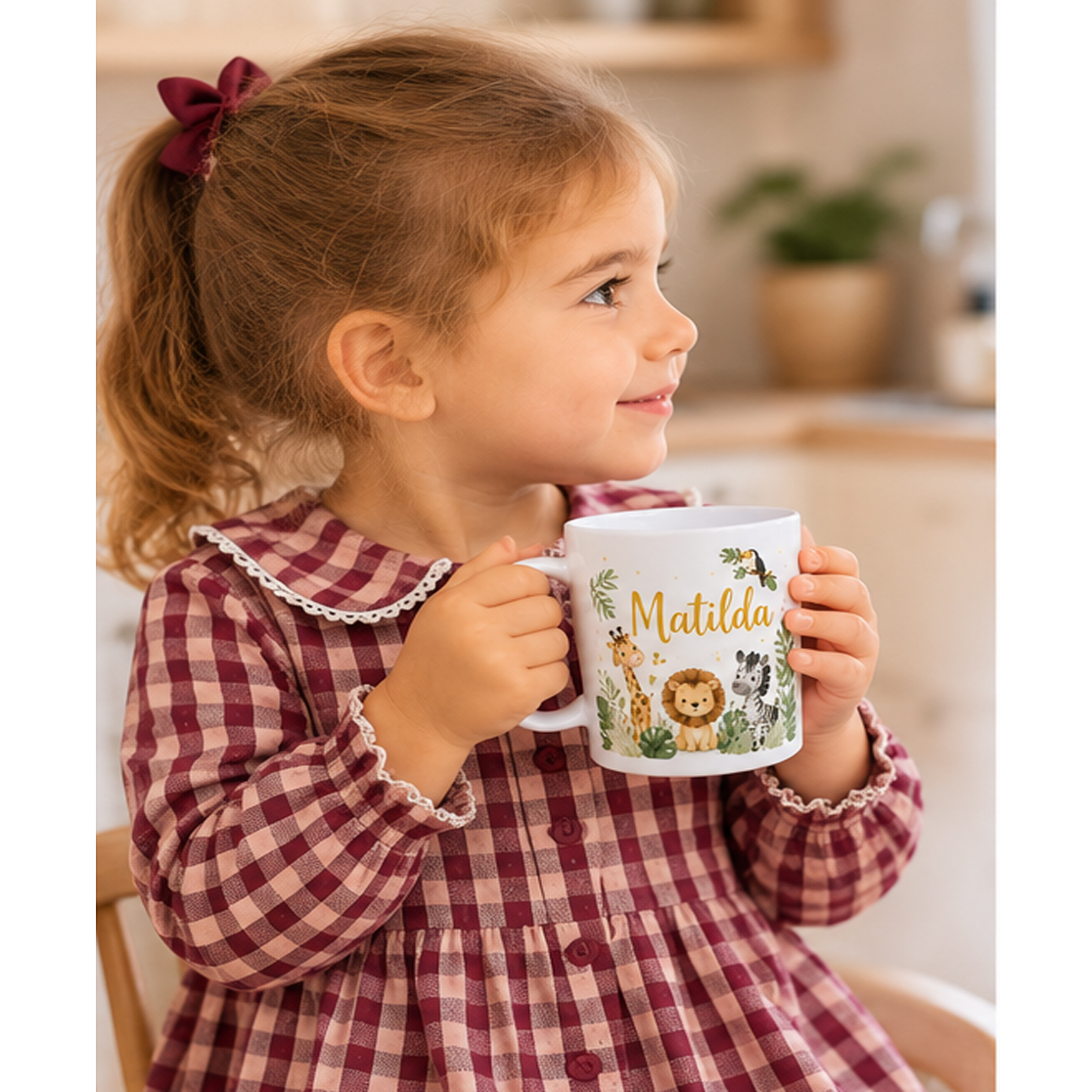 Niña sujetando una taza de plástico personalizada Safari con nombre.