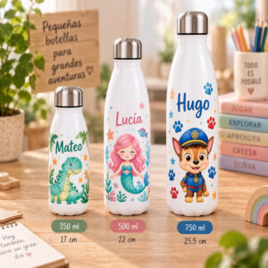 Botellas térmicas personalizadas con nombre y diseños infantiles